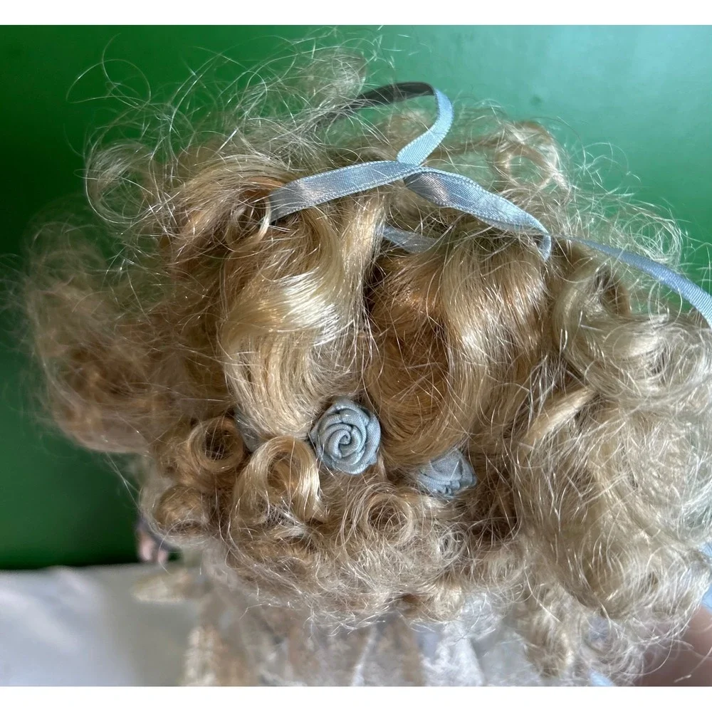 Vintage Porcelain Doll Blue Eyes Blonde Curls Victorian Lace Blue Cream Outfit